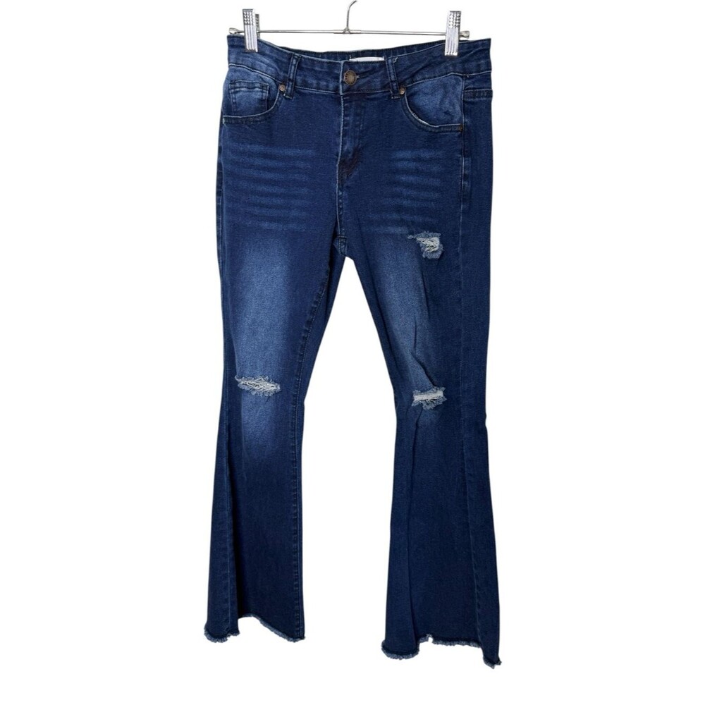 Bamboo Dark Wash Distressed Flare Jeans Size 11 Frayed Hem High Rise Raw Edge